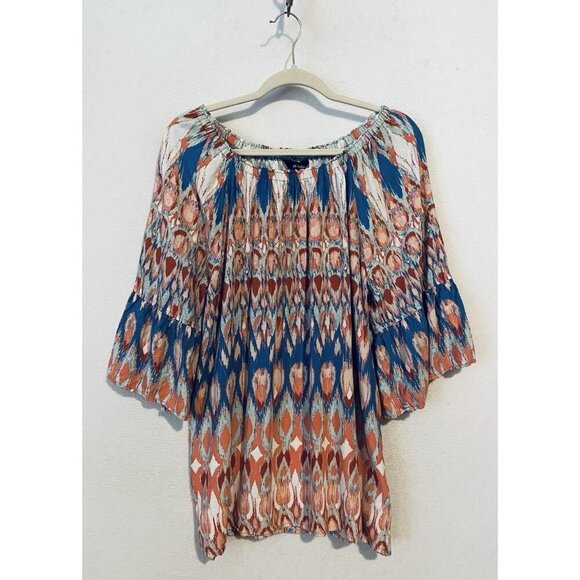Ali Miles Top Womens XL Abstract Ikat Bell Sleeve Off The Shoulder Boho Peasant - Picture 1 of 7